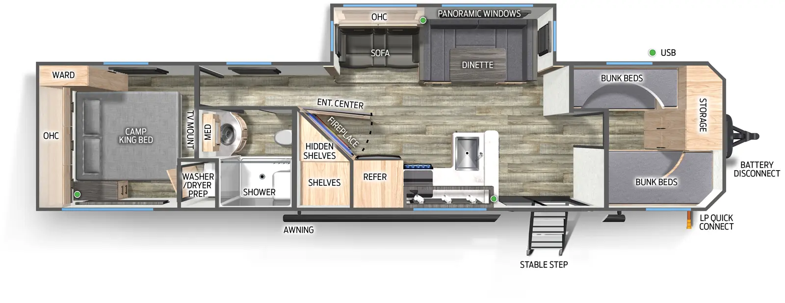 The Campsite Reserve 39GB floorplan has one entry and one slide out. Exterior features include: metal exterior. Interiors features include: bunk beds and rear bedroom.